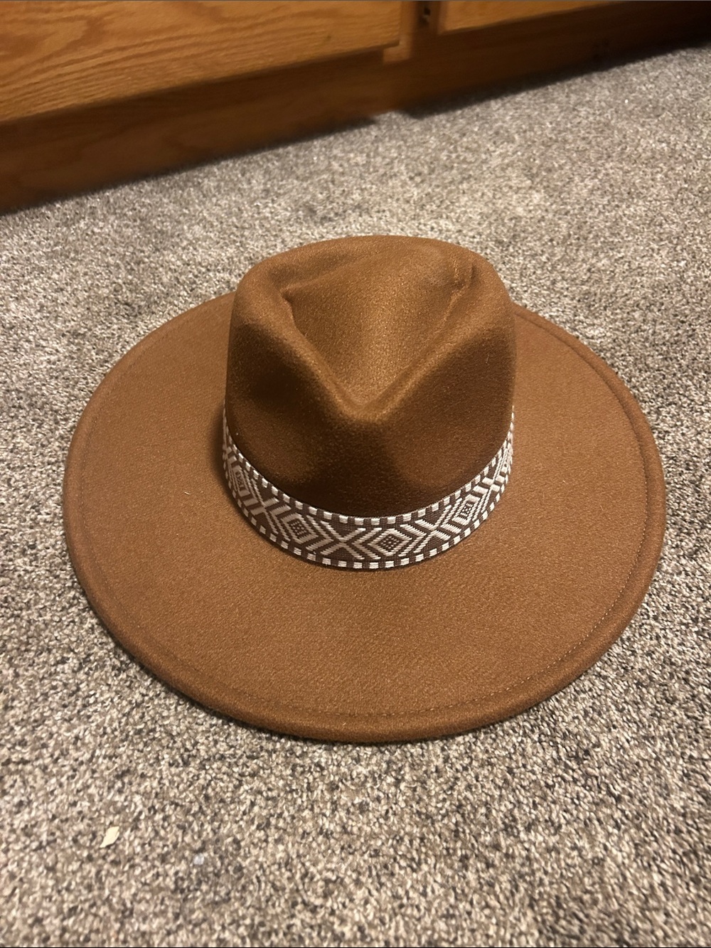 Woman’s Brown Wide-Brim Fedora Hat with Patterned Band